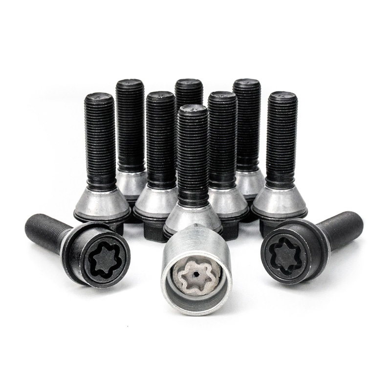 H&R Wheel bolt Set Taper-Head with movable cone M14x1.25 - Length 46mm - Black - 10 pcs. (e.g.  BMW) - incl. wheel-locks