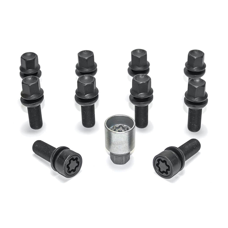 H&R Wheel bolt Set Round-Head with movable cone R13 M14x1.50 - Length 32mm - Black - 10 pcs. (e.g.  Audi S5) - incl. wheel-locks