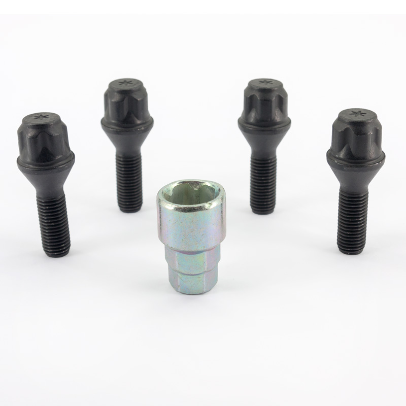 H&R Wheel lock set M12x1.50x30mm Taper Black - 4 wheel lock bolts incl. adapter
