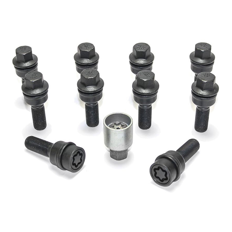 H&R Wheel bolt Set Round-Head with movable cone R14 M14x1.50 - Length 45mm - Black - 10 pcs. (e.g.  Audi Q3, Q5) - incl. wheel-locks