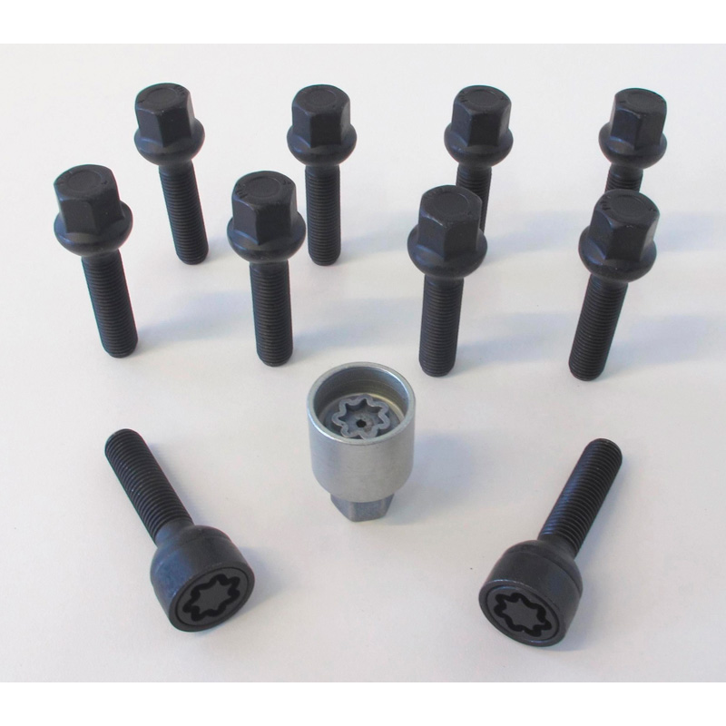 H&R Wheel bolt Set Round-Head R12 M12x1.50 - Length 28mm - Black - 10 pcs. (e.g.  Mercedes) - incl. wheel-locks