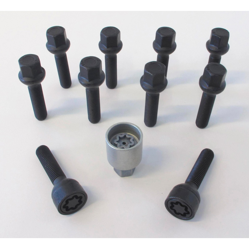 H&R Wheel bolt Set Round-Head R13 M14x1.50 - Length 28mm - Black - 10 pcs. ( e.g. VAG) - incl. wheel-locks