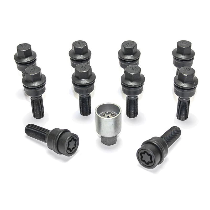 H&R Wheel bolt Set Round-Head with movable cone R14 M14x1.50 - Length 35mm - Black - 10 pcs. (e.g.  Audi Q3, Q5) - incl. wheel-locks