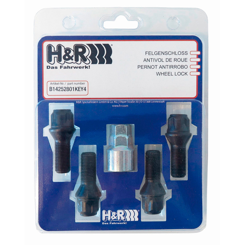 H&R Wheel lock set M12x1.50x30mm Taper Black - 4 wheel lock bolts incl. adapter