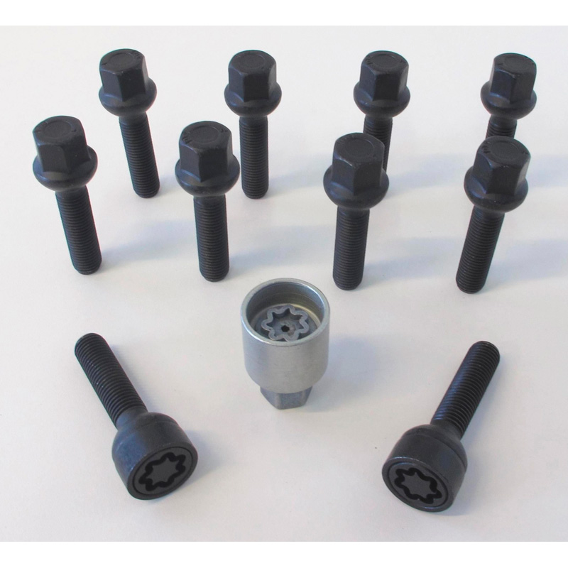 H&R Wheel bolt Set Round-Head R13 M14x1.50 - Length 38mm - Black - 10 pcs. ( e.g. VAG) - incl. wheel-locks