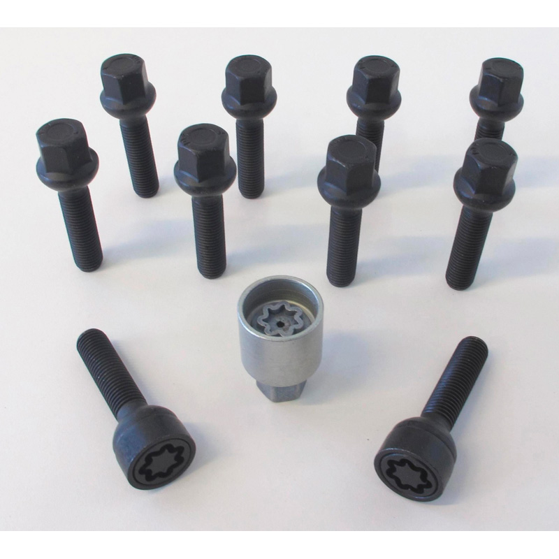 H&R Wheel bolt Set Round-Head R13 M14x1.50 - Length 47mm - Black - 10 pcs. ( e.g. VAG) - incl. wheel-locks